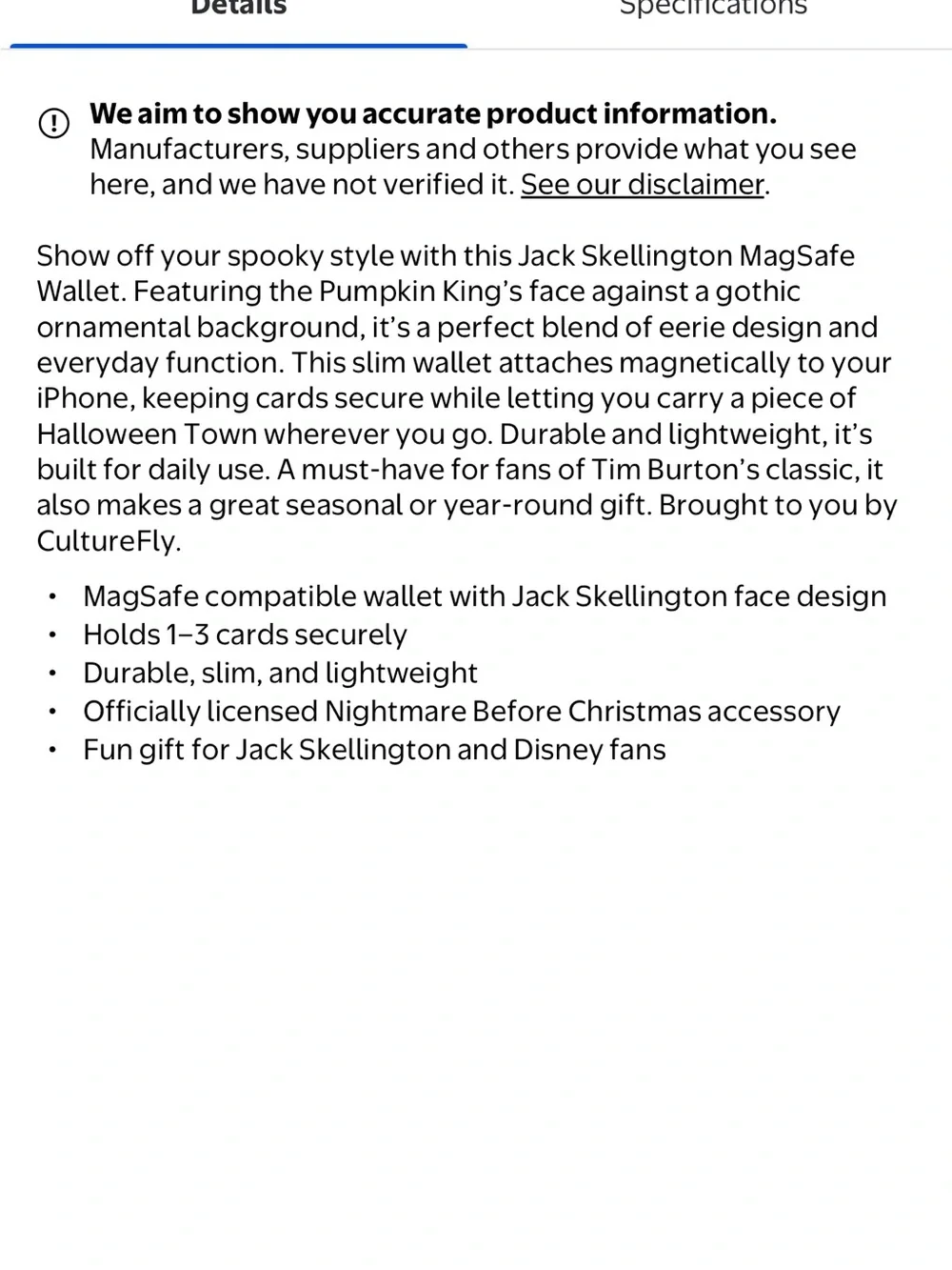 CultureFly Magnetic MagSafe Wallet Nightmare Before Christmas Jack Skellington